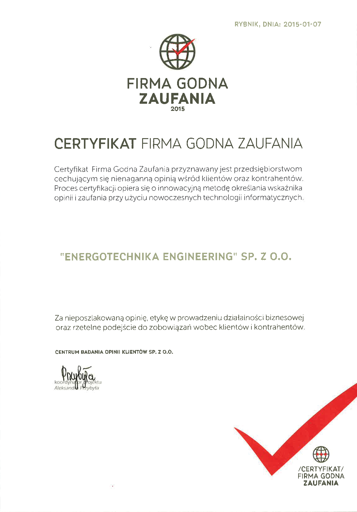 Certyfikat Firma godna zaufania 2015