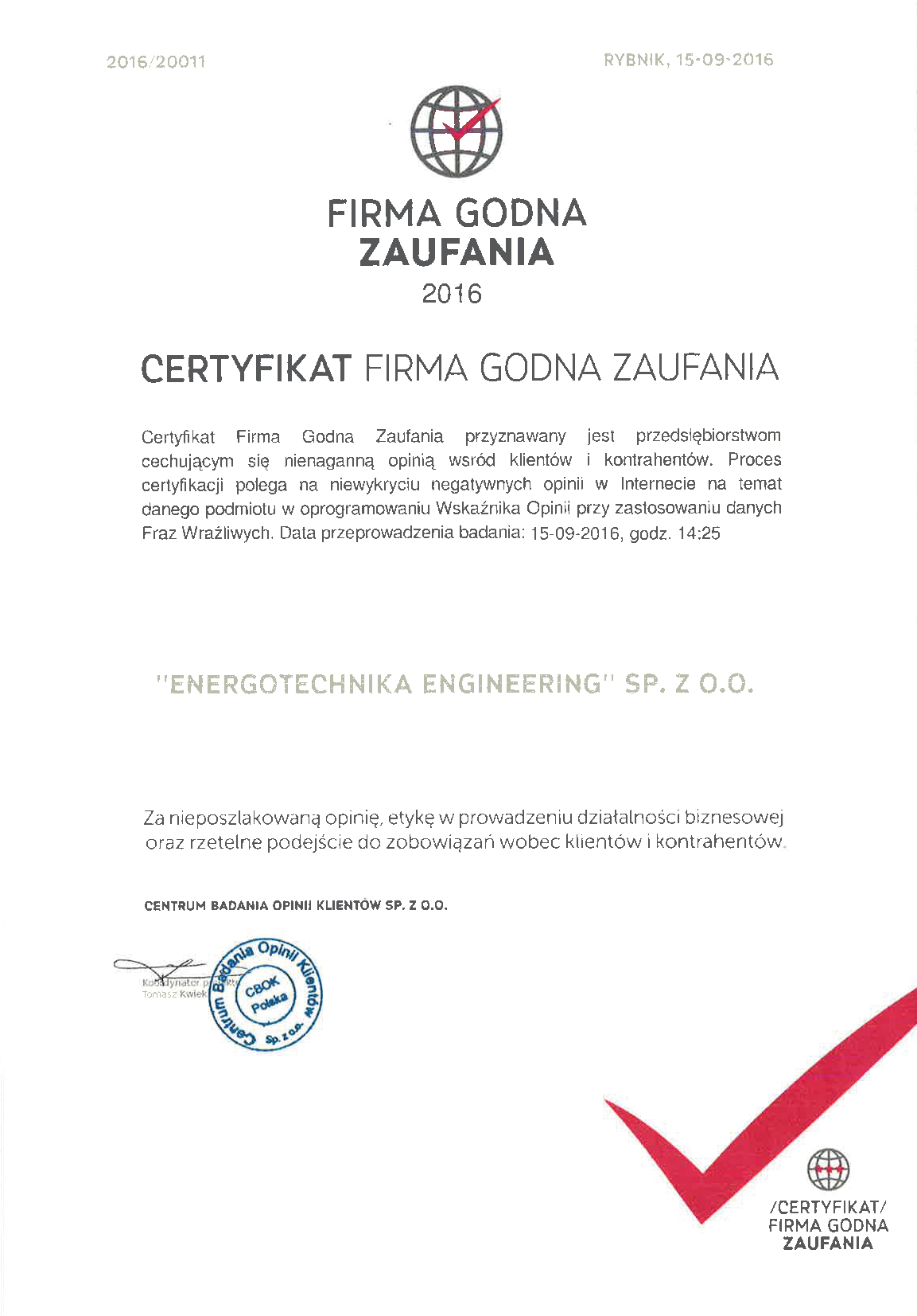 Reliable Company Certificate 2016