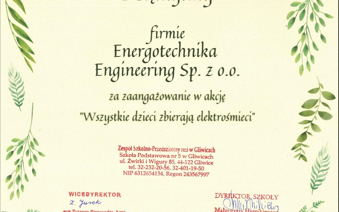 Podziękowanie ze Szkoły Podstawowej nr 5 w Gliwicach